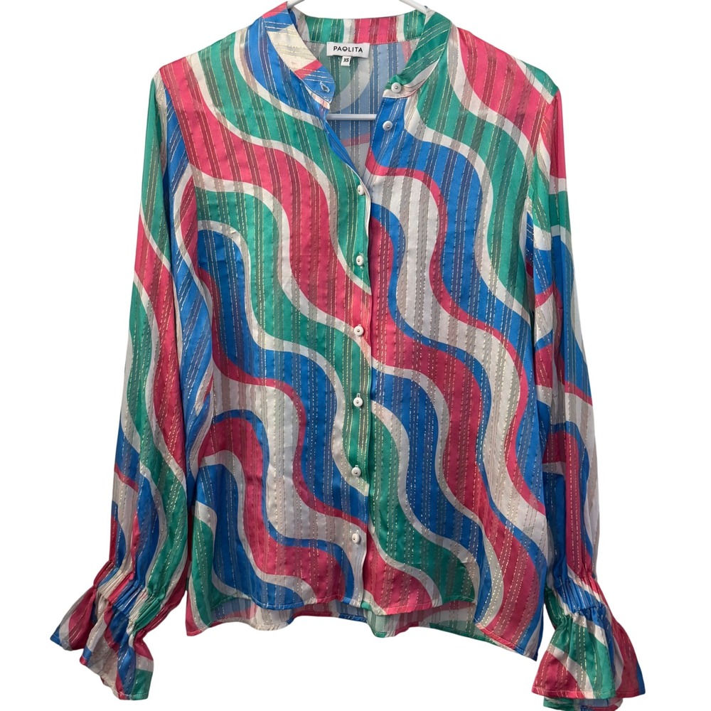 Paolita Silk‎ Metallic Wavy Stripe Button Down Blouse Pink Blue XS SH25044S-S7